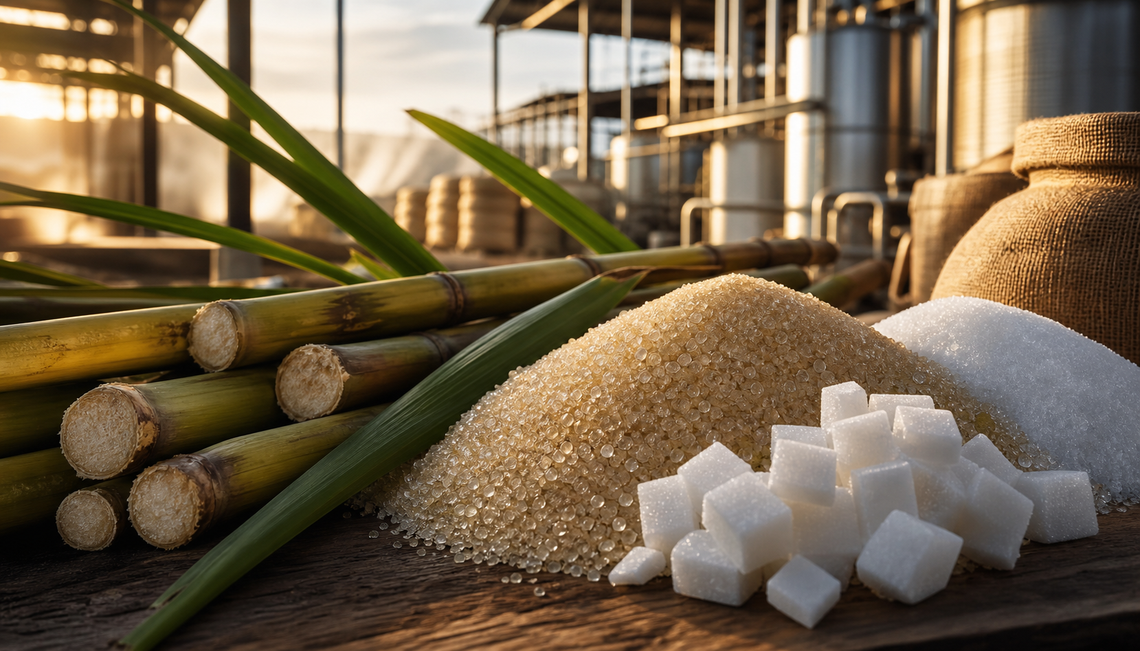 Sugar cane with raw and refined sugar